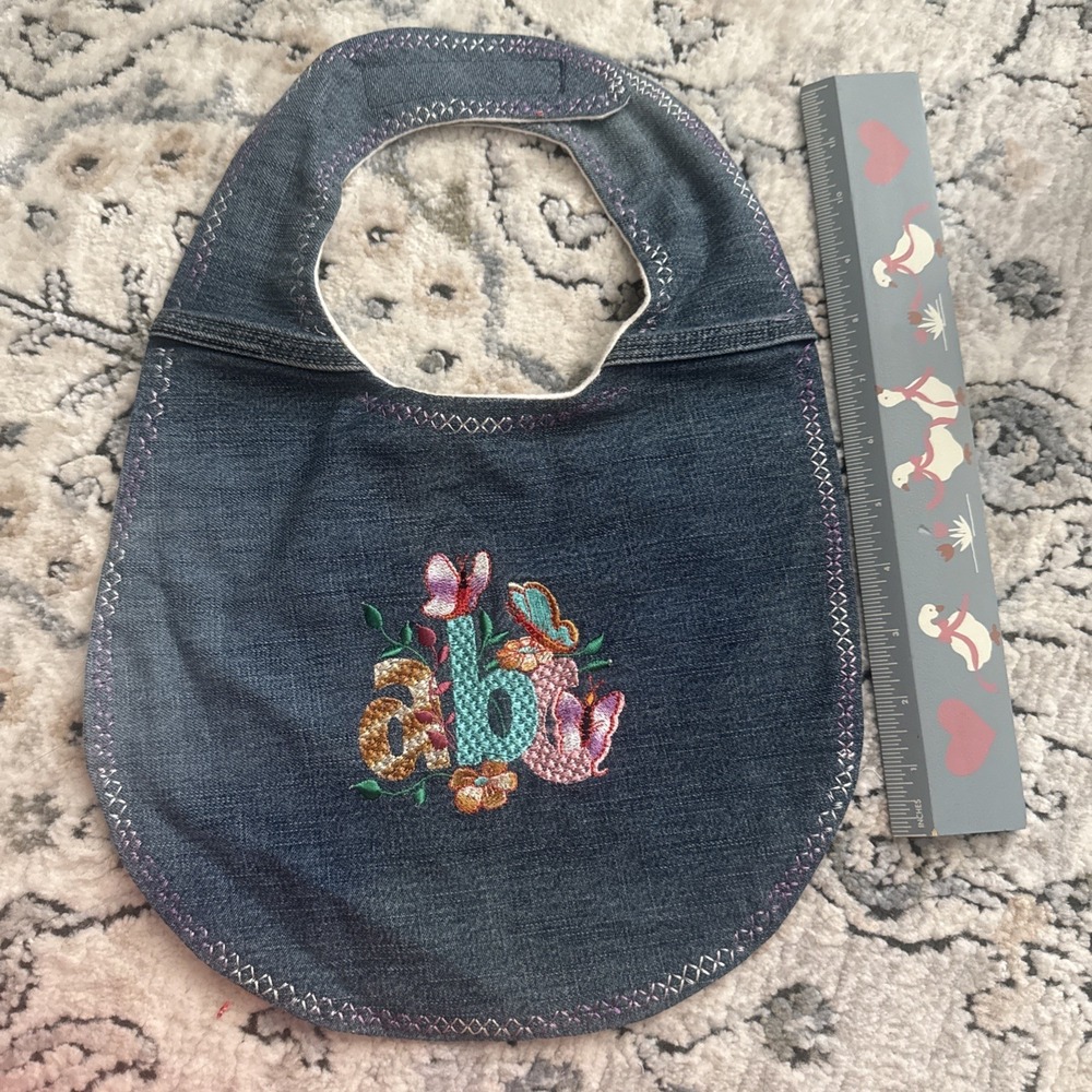 Infant Baby Denim Cloth‎ Bib W/ Embroidery With Adjustable Closure